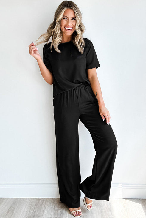 Casual Solid T Shirt Wide Leg Pant Set