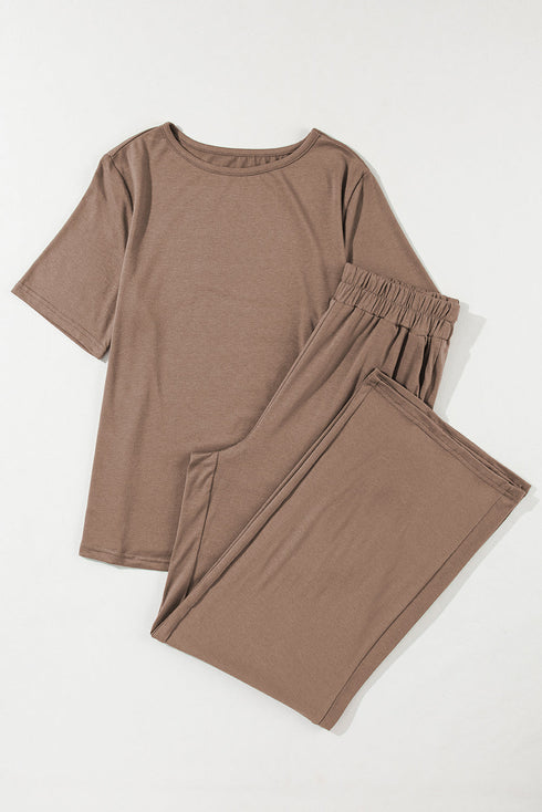 Casual Solid T Shirt Wide Leg Pant Set