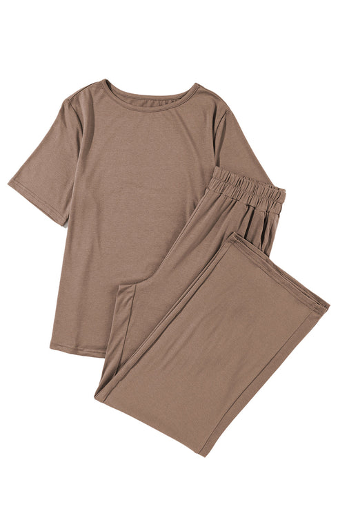 Casual Solid T Shirt Wide Leg Pant Set