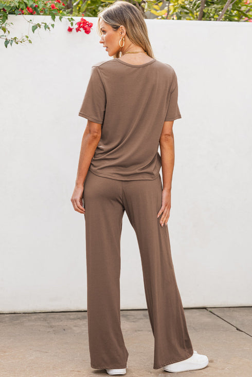 Casual Solid T Shirt Wide Leg Pant Set
