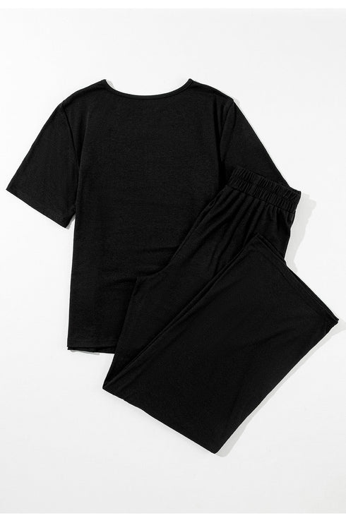 Casual Solid T Shirt Wide Leg Pant Set