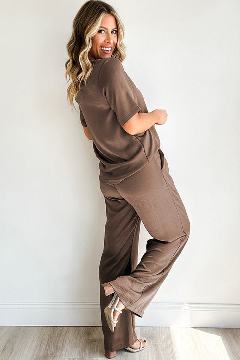 Casual Solid T Shirt Wide Leg Pant Set