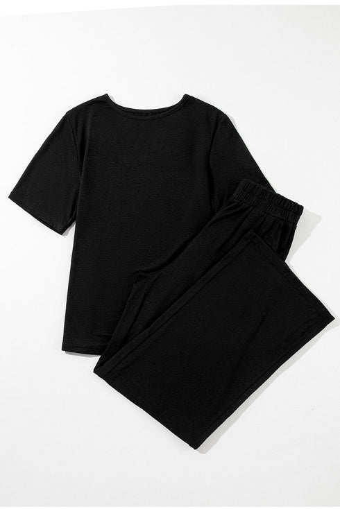 Casual Solid T Shirt Wide Leg Pant Set