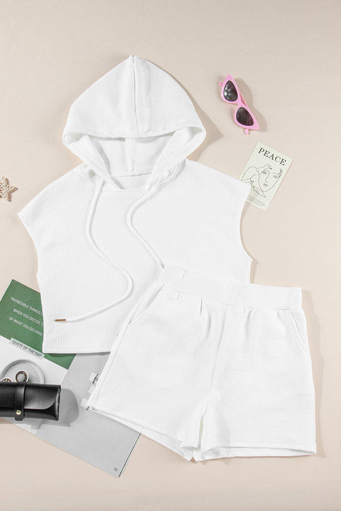 Casual Solid Textured Cropped Hoodie Two Piece Short Set