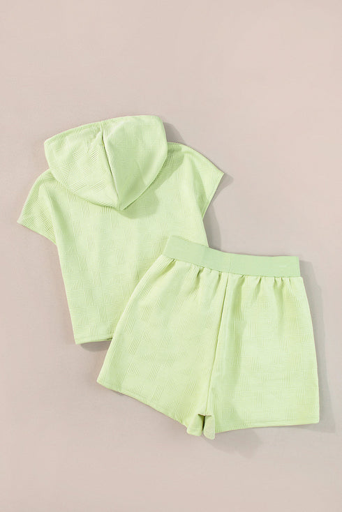 Casual Solid Textured Cropped Hoodie Two Piece Short Set