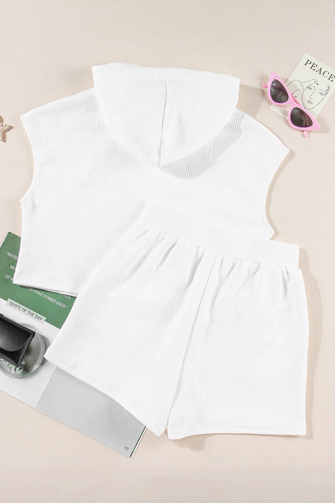 Casual Solid Textured Cropped Hoodie Two Piece Short Set