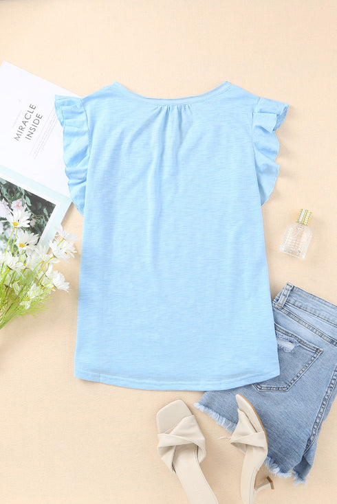 Casual Solid V Neck Butterfly Sleeve Tee