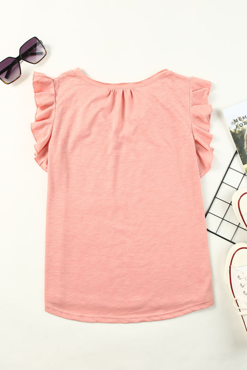 Casual Solid V Neck Butterfly Sleeve Tee