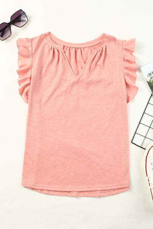 Casual Solid V Neck Butterfly Sleeve Tee