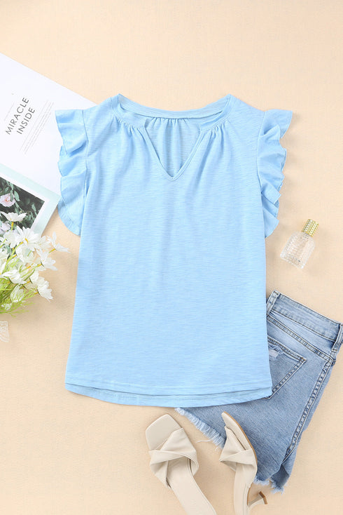 Casual Solid V Neck Butterfly Sleeve Tee