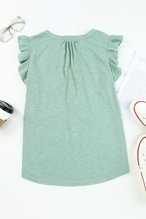 Casual Solid V Neck Butterfly Sleeve Tee