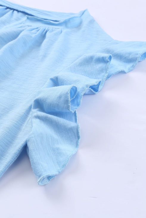 Casual Solid V Neck Butterfly Sleeve Tee