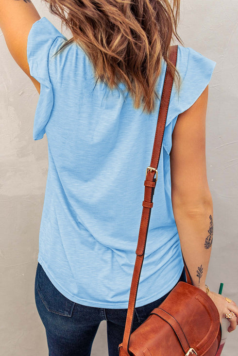 Casual Solid V Neck Butterfly Sleeve Tee