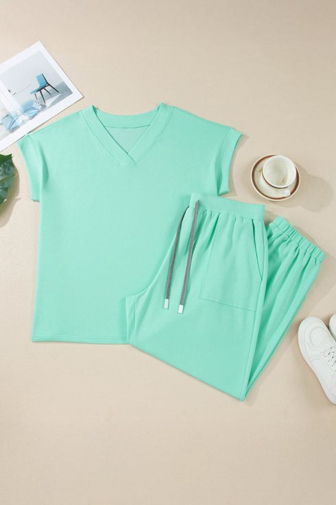 Casual Solid V Neck Tee And Drawstring Pants Loungewear