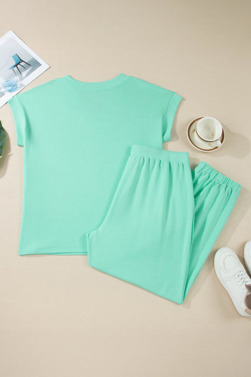 Casual Solid V Neck Tee And Drawstring Pants Loungewear