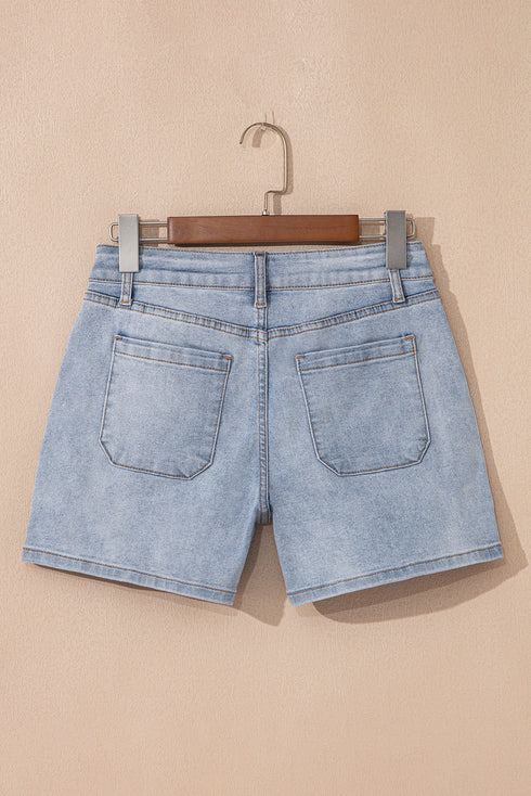 Casual Solid Washed High Rise Denim Shorts