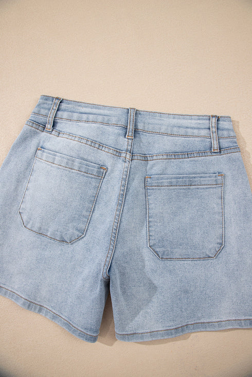 Casual Solid Washed High Rise Denim Shorts
