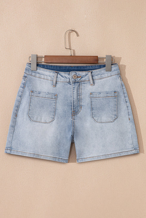 Casual Solid Washed High Rise Denim Shorts