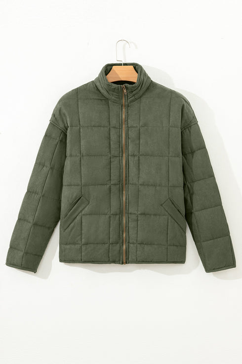 Casual Solid Zip Up Quilted Pocket Jacket