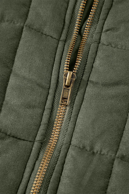 Casual Solid Zip Up Quilted Pocket Jacket