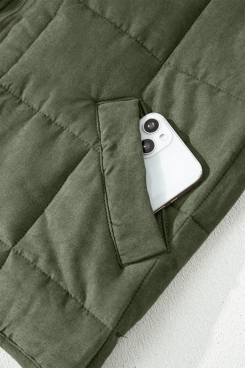 Casual Solid Zip Up Quilted Pocket Jacket