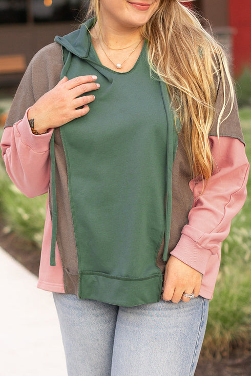 Casual Spliced Patchwork V Neck Pullover Hoodie