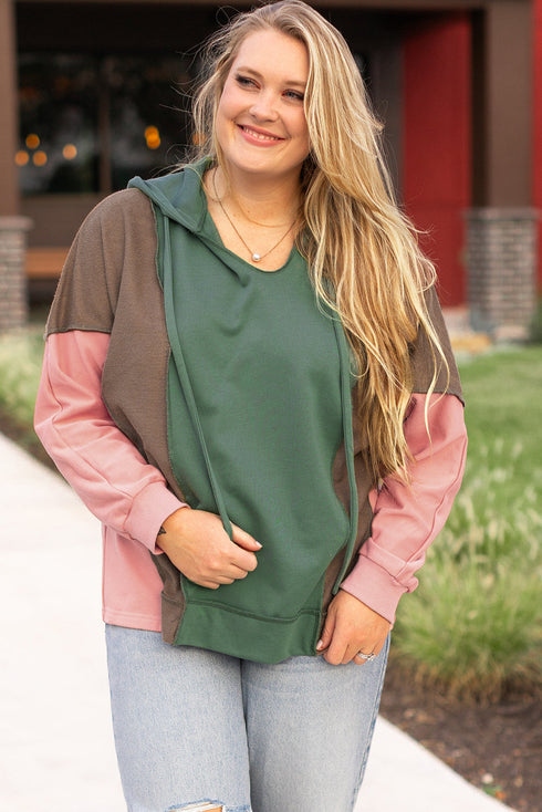 Casual Spliced Patchwork V Neck Pullover Hoodie