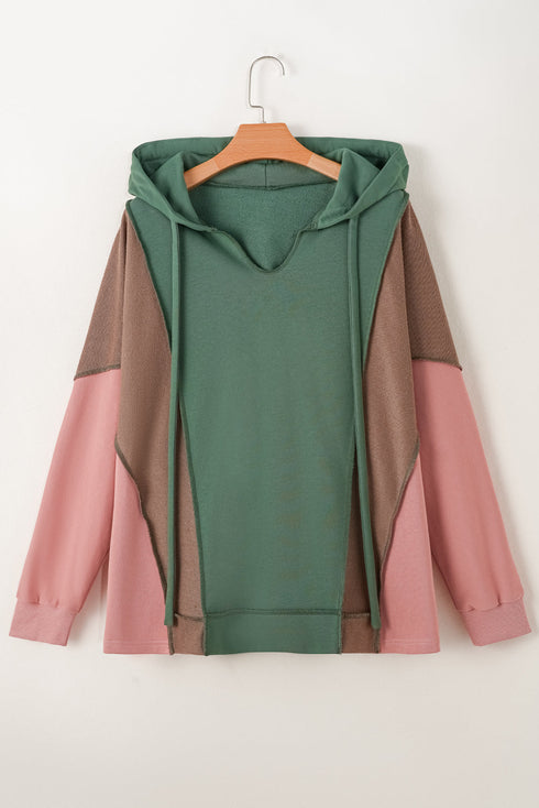 Casual Spliced Patchwork V Neck Pullover Hoodie