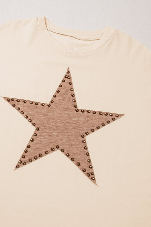 Casual Star Print Studded Crew Neck Long Sleeve Top