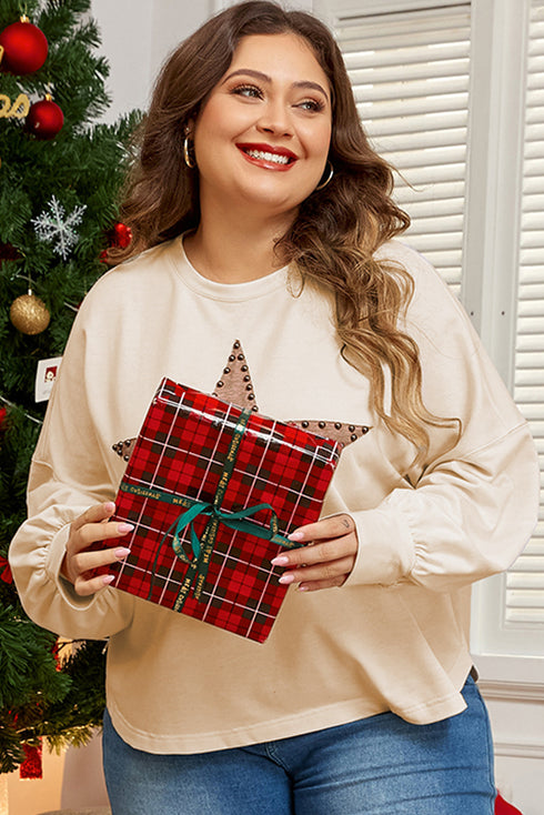 Casual Star Print Studded Crew Neck Long Sleeve Top