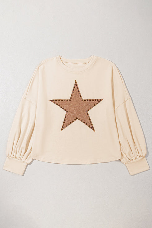 Casual Star Print Studded Crew Neck Long Sleeve Top