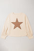 Casual Star Print Studded Crew Neck Long Sleeve Top