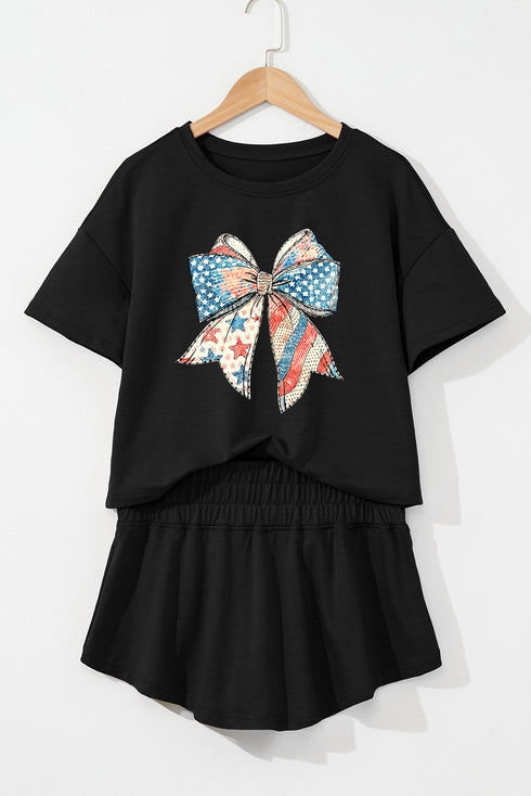 Casual Stars and Stripes Bow Graphic Tee And Smocked Skort Set