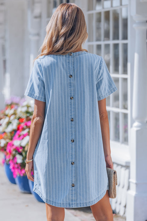 Casual Striped Button Back Denim T Shirt Mini Dress