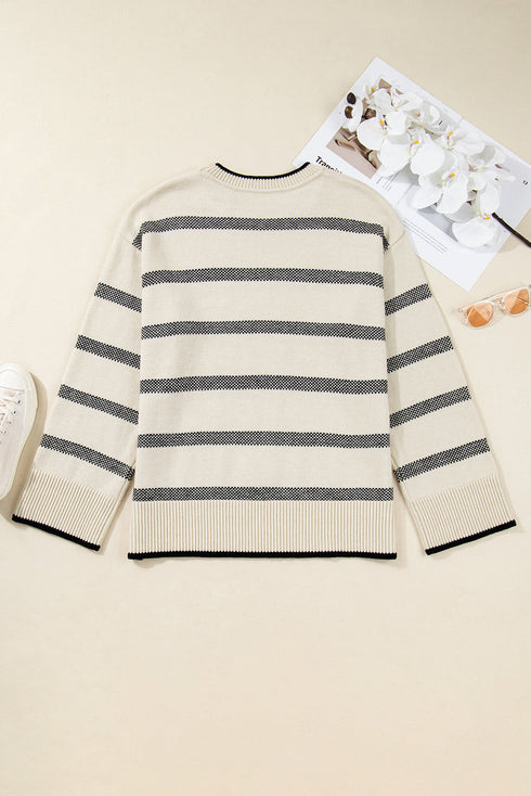 Casual Striped Drop Shoulder Wide Sleeve Crew Neck Sweater