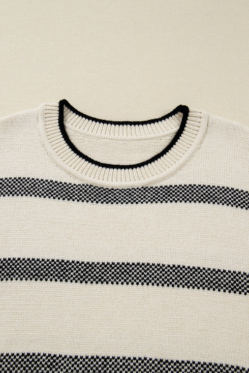 Casual Striped Drop Shoulder Wide Sleeve Crew Neck Sweater