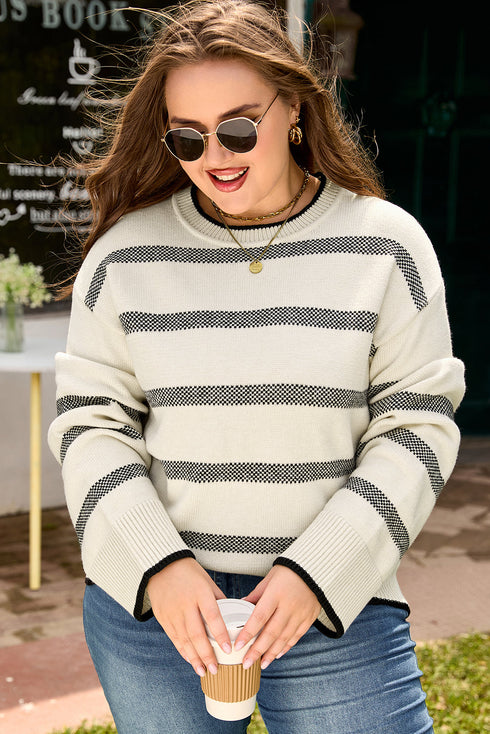 Casual Striped Drop Shoulder Wide Sleeve Crew Neck Sweater