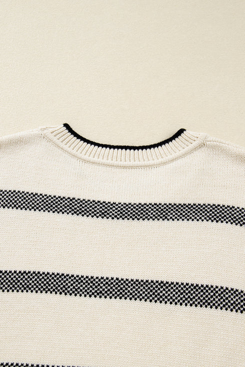 Casual Striped Drop Shoulder Wide Sleeve Crew Neck Sweater