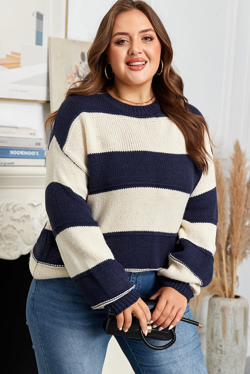 Casual Striped Geometric Paneled Drop Shoulder Sweater