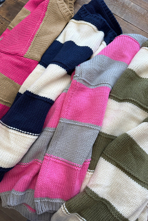 Casual Striped Geometric Paneled Drop Shoulder Sweater
