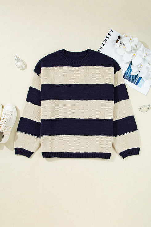 Casual Striped Geometric Paneled Drop Shoulder Sweater