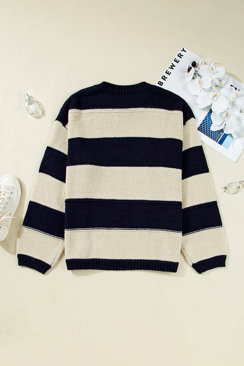 Casual Striped Geometric Paneled Drop Shoulder Sweater