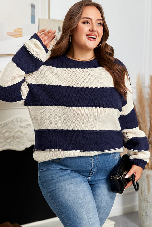 Casual Striped Geometric Paneled Drop Shoulder Sweater