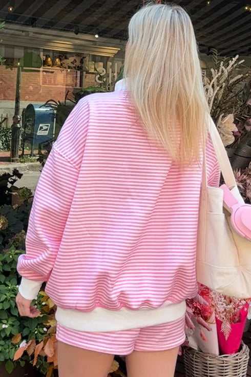 Casual Striped Oversized Mock Neck Matching Shorts Set