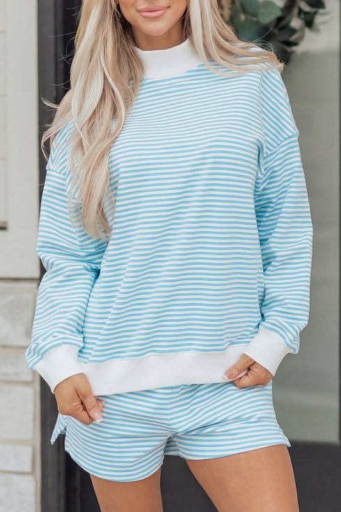 Casual Striped Oversized Mock Neck Matching Shorts Set