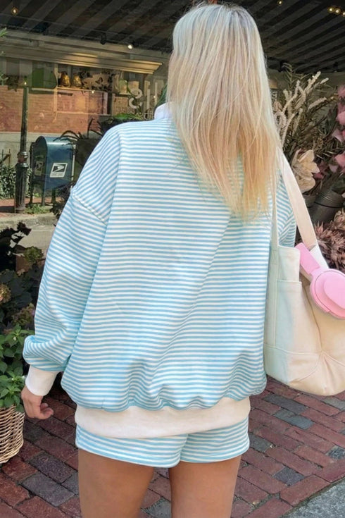 Casual Striped Oversized Mock Neck Matching Shorts Set