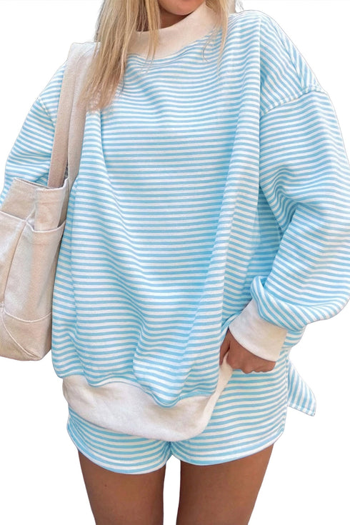 Casual Striped Oversized Mock Neck Matching Shorts Set