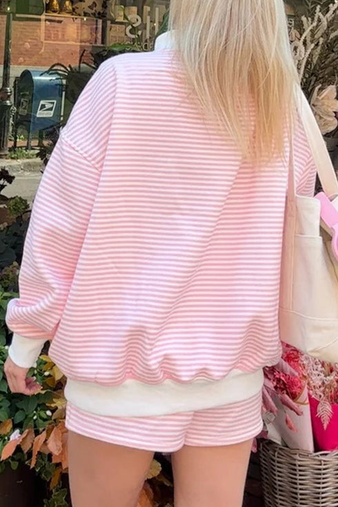 Casual Striped Oversized Mock Neck Matching Shorts Set
