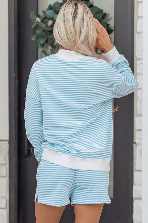 Casual Striped Oversized Mock Neck Matching Shorts Set