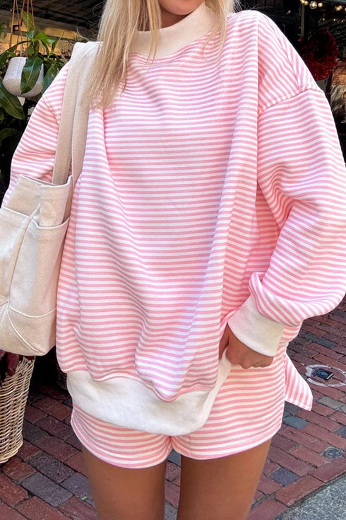 Casual Striped Oversized Mock Neck Matching Shorts Set